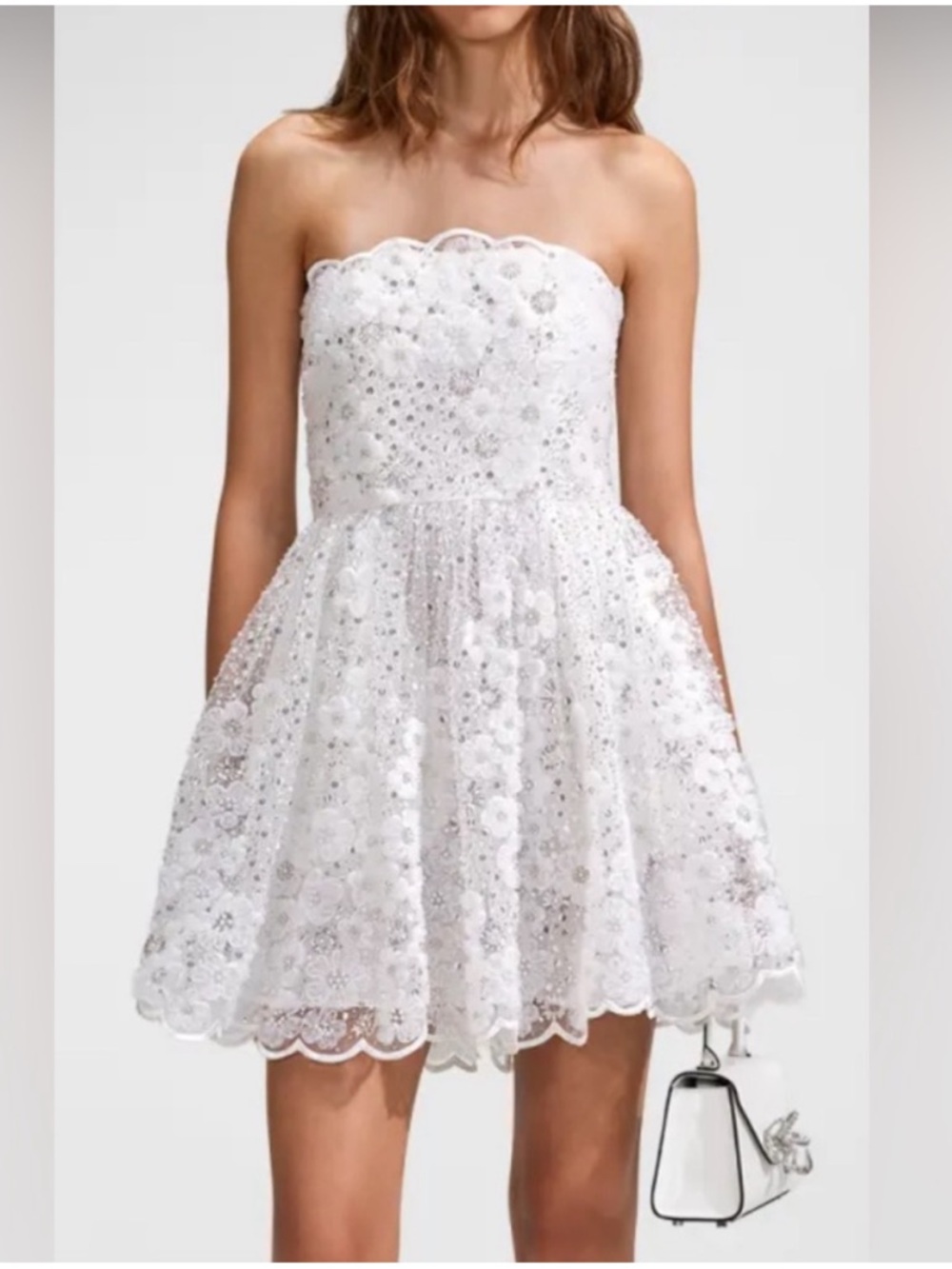 Self-Portrait White Strapless Floral Lace Mini Dress with Scalloped Hem